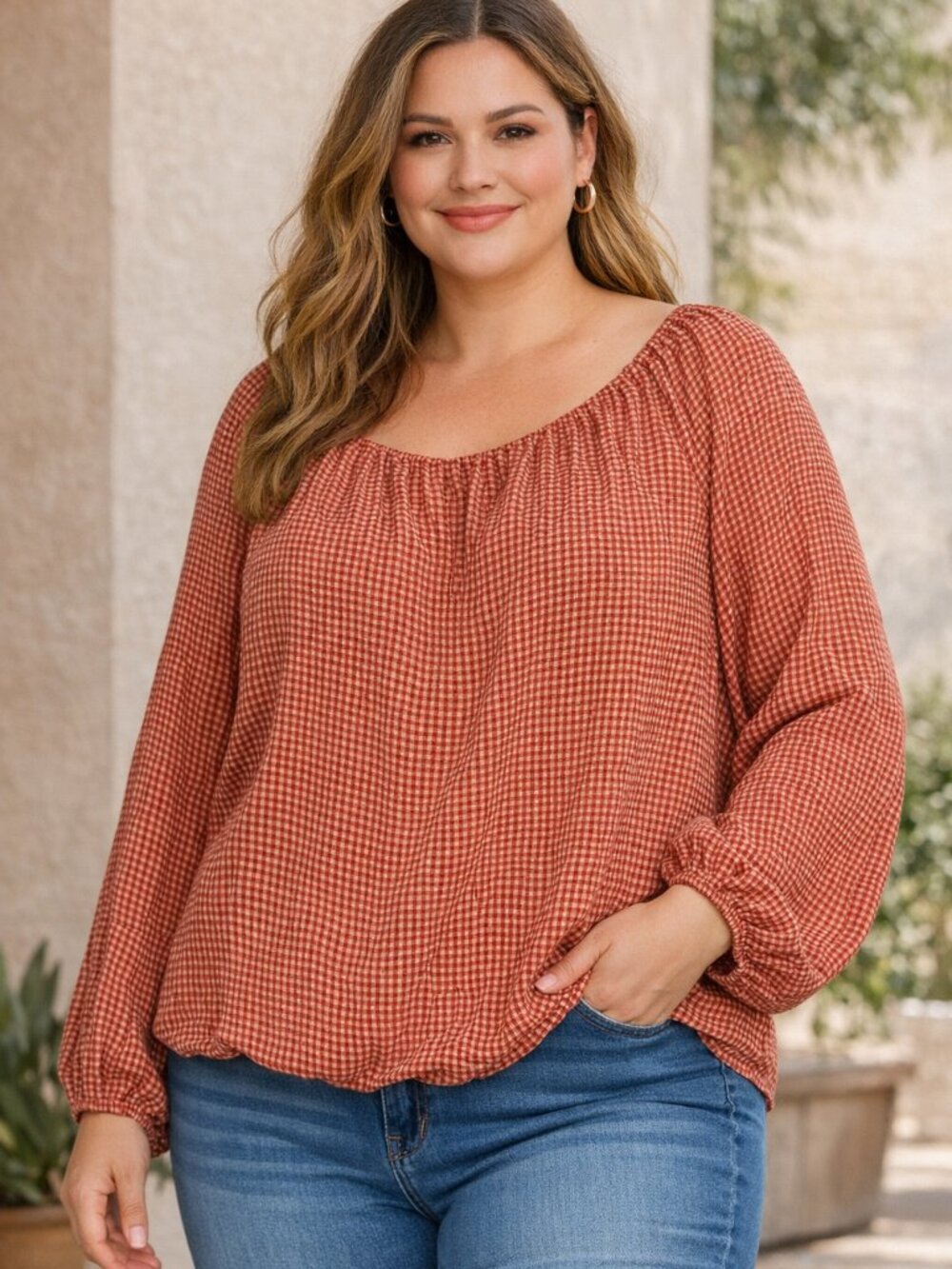 Main Strip Terracotta Checkered Blouse | Plus 3X | NWOT Long Sleeve Top